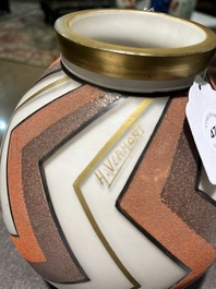 A Belgian Scailmont Art Deco opaline glass vase with gilt and heightened design, signed H. Vermont, second quarter 20th C.