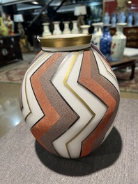 A Belgian Scailmont Art Deco opaline glass vase with gilt and heightened design, signed H. Vermont, second quarter 20th C.