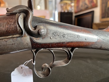 A French double-barreled pinfire hunting rifle with damask barrels and engraved breechblocks, marked, second half 19th C.