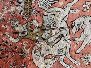 A Persian Qom (Qum/Ghom) silk rug with hunting scenes, 20th C.
