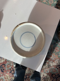 A Chinese famille verte powder blue ground vase with wooden cover, 19th C.