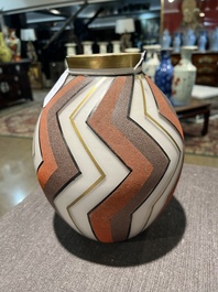 A Belgian Scailmont Art Deco opaline glass vase with gilt and heightened design, signed H. Vermont, second quarter 20th C.
