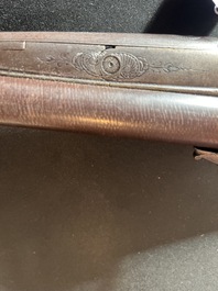 A French double-barreled pinfire hunting rifle with damask barrels and engraved breechblocks, marked, second half 19th C.