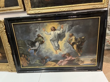 Franse school, navolger van Rafa&euml;l (1483-1520): De transfiguratie van Jezus, olie op doek, 17de eeuw