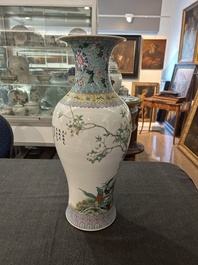 A Chinese famille rose baluster vase with birds among blossoming branches, Qianlong mark, Republic, 20th C.