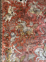 A Persian Qom (Qum/Ghom) silk rug with hunting scenes, 20th C.