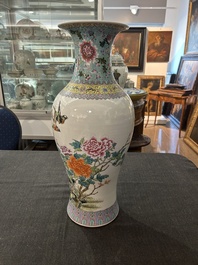 A Chinese famille rose baluster vase with birds among blossoming branches, Qianlong mark, Republic, 20th C.