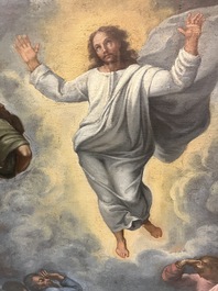 Franse school, navolger van Rafa&euml;l (1483-1520): De transfiguratie van Jezus, olie op doek, 17de eeuw