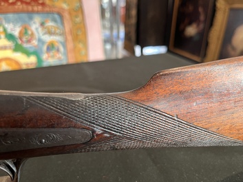 A French double-barreled pinfire hunting rifle with damask barrels and engraved breechblocks, marked, second half 19th C.