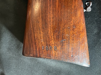 A French double-barreled pinfire hunting rifle with damask barrels and engraved breechblocks, marked, second half 19th C.