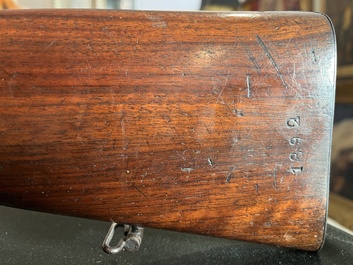 A French double-barreled pinfire hunting rifle with damask barrels and engraved breechblocks, marked, second half 19th C.