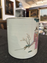 A Chinese famille rose brush pot and a qianjiang cai bowl, 19th/20th C.