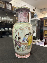 A Chinese famille rose 'court scene' vase, Qianlong mark, Republic, 20th C.