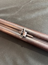 A French double-barreled pinfire hunting rifle with damask barrels and engraved breechblocks, marked, second half 19th C.