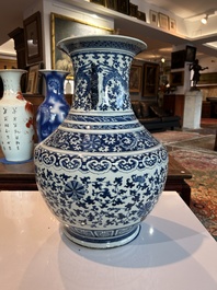 A large Chinese blue and white 'hu' vase with phoenixes and lotus scrolls, 19th C.