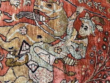A Persian Qom (Qum/Ghom) silk rug with hunting scenes, 20th C.