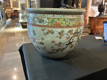 A Chinese famille verte fish bowl with birds among blossoming branches, 19th C.