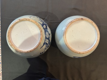 Five Chinese blue and white jars and vases with floral design and figures in a landscape, 19th/20th C.