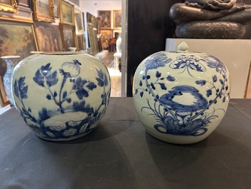 Five Chinese blue and white jars and vases with floral design and figures in a landscape, 19th/20th C.