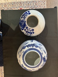 Five Chinese blue and white jars and vases with floral design and figures in a landscape, 19th/20th C.