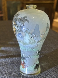 A small Chinese miniature reverse painted glass meiping vase with cranes, 19th/20th C.