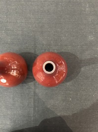 A pair of Chinese langyao bottle vases and a double gourd vase, Qianlong mark, 20th C.