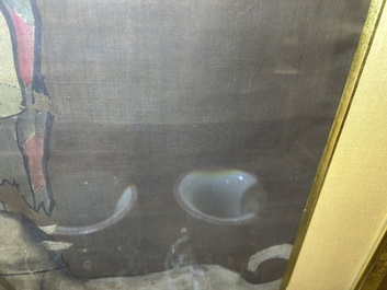 Chinese school: A blind beggar with a dog, ink and colours on silk, probably Ming