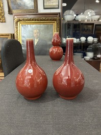 A pair of Chinese langyao bottle vases and a double gourd vase, Qianlong mark, 20th C.