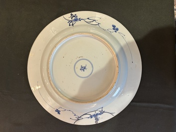 Three Chinese blue and white dishes and one polychrome dish, Kangxi and 19th/20th C.