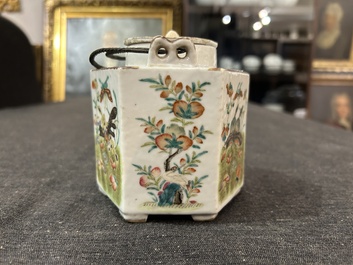 A Chinese hexagonal famille rose 'magpies and butterflies' teapot and cover, Tongzhi mark and of the period