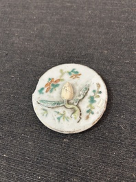 A Chinese hexagonal famille rose 'magpies and butterflies' teapot and cover, Tongzhi mark and of the period