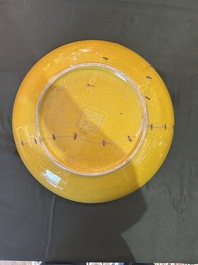 Three Chinese blue and white dishes and one polychrome dish, Kangxi and 19th/20th C.