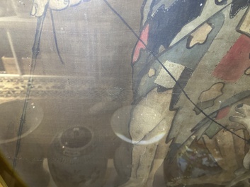 Chinese school: A blind beggar with a dog, ink and colours on silk, probably Ming