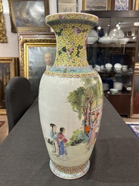 A Chinese famille rose 'antiquities' vase and a vase with figures in a garden, 19th/20th C.