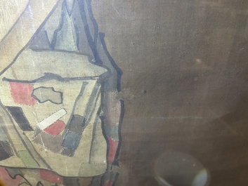 Chinese school: A blind beggar with a dog, ink and colours on silk, probably Ming