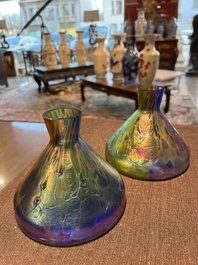 Johann Loetz (1880-1940, attributed to): A pair of multi-coloured funnel-shaped glass 'Papillon' vases, 20th C.