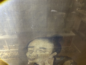 Chinese school: A blind beggar with a dog, ink and colours on silk, probably Ming