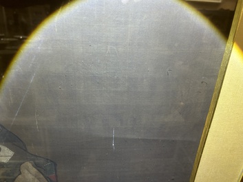 Chinese school: A blind beggar with a dog, ink and colours on silk, probably Ming