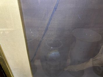 Chinese school: A blind beggar with a dog, ink and colours on silk, probably Ming