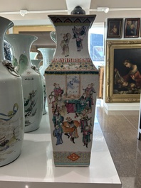 A square Chinese famille rose 'warriors' vase, 19th C.