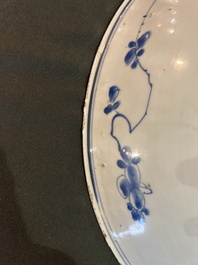 Three Chinese blue and white dishes and one polychrome dish, Kangxi and 19th/20th C.