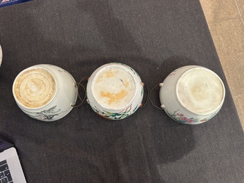 Three Chinese famille rose and qianjiang cai warming bowls and covers, 19th/20th C.