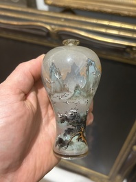 A small Chinese miniature reverse painted glass meiping vase with cranes, 19th/20th C.