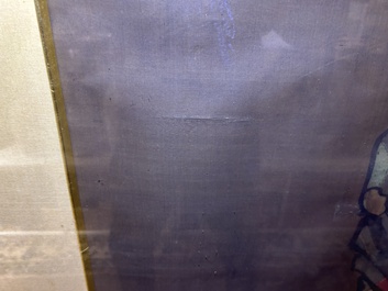 Chinese school: A blind beggar with a dog, ink and colours on silk, probably Ming