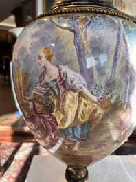 Een paar grote S&egrave;vres porseleinen vazen met allegorie&euml;n van 'De oogst' en 'De visvangst' op verguld bronzen monturen, Frankrijk, 19de eeuw