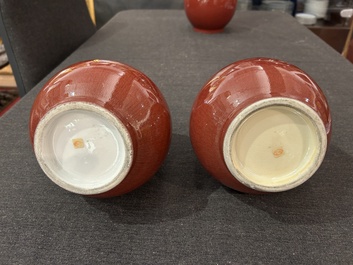 A pair of Chinese langyao bottle vases and a double gourd vase, Qianlong mark, 20th C.