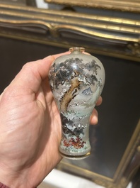 A small Chinese miniature reverse painted glass meiping vase with cranes, 19th/20th C.