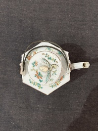 A Chinese hexagonal famille rose 'magpies and butterflies' teapot and cover, Tongzhi mark and of the period