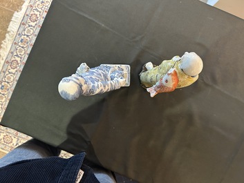 Five Chinese famille rose and blue and white sculptures, 19th/20th C.