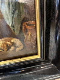 Flemish school, follower of David Teniers (1610-1690): Fun in the inn, oil on panel, 19th C.